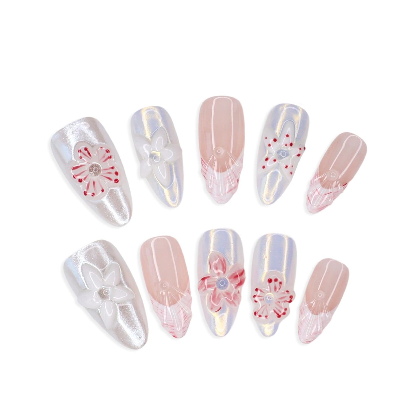 Handmade Press on Nails Luxury 3D Flower False Nails Designs Thickened Salon Quality Acrylic Nails Full Cover French Tip Fake Nails Medium Almond Stick on Nail for Women DIY Manicuare（Size S)