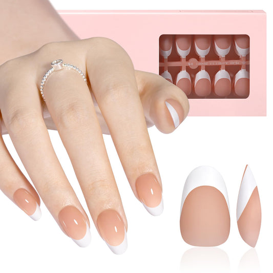 AILLSA French Gel Nail Tips, 180 Pcs French Tip Press on Nails Short Almond Brown, Pre-Applied Primer & Base Coat, No Need File, Soft Nail Tips, Fake Nails for Nail Art DIY 15 Sizes