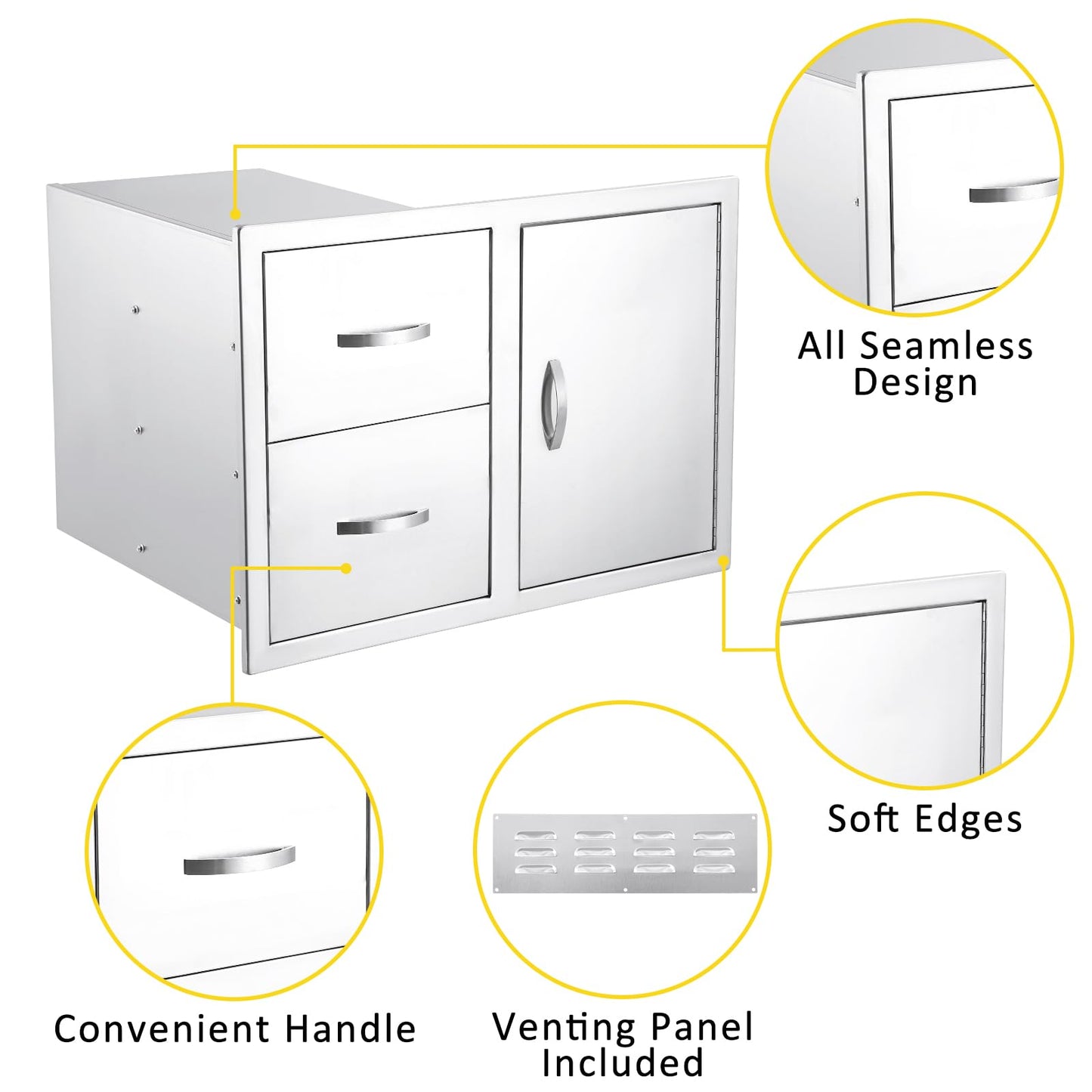 GarveeLife 33''W x 22''H x 22''D Outdoor Kitchen Drawer Combo with Paper Towel Rack, BBQ Access Door Drawers Combo with Stainless Steel, Perfect for BBQ Grill Station Outdoor Kitchen Storage Cabinet