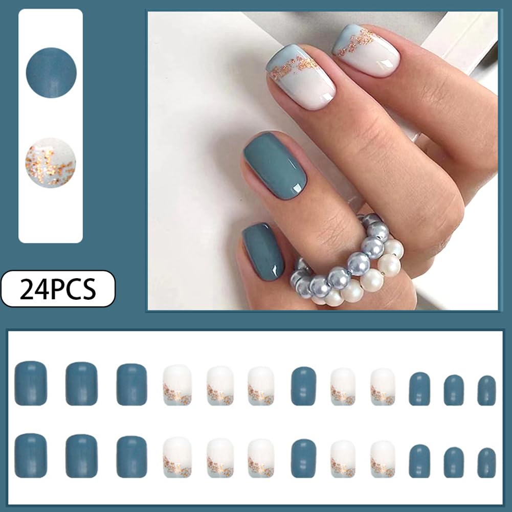 Press On Nails - Short, Glossy Blue False Nails with Glitter Designs, 24Pcs