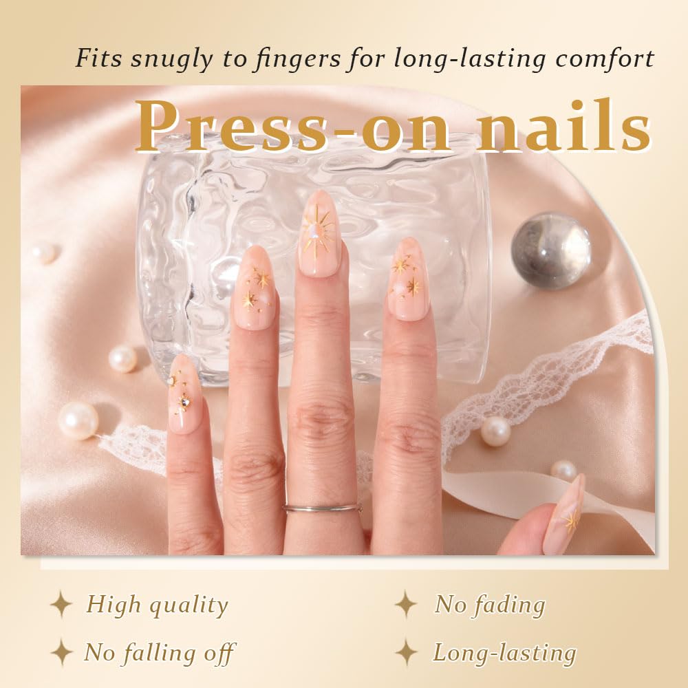 evpct 3D Nude Bohemian Design Press on Nails Medium Almond No Glue, Nude Gold Star Glossy Stick on Nails for Women with Kit, Reusable Soft Stick on Fake Nail with 3D Gold Stars Designs Perfectly Fit