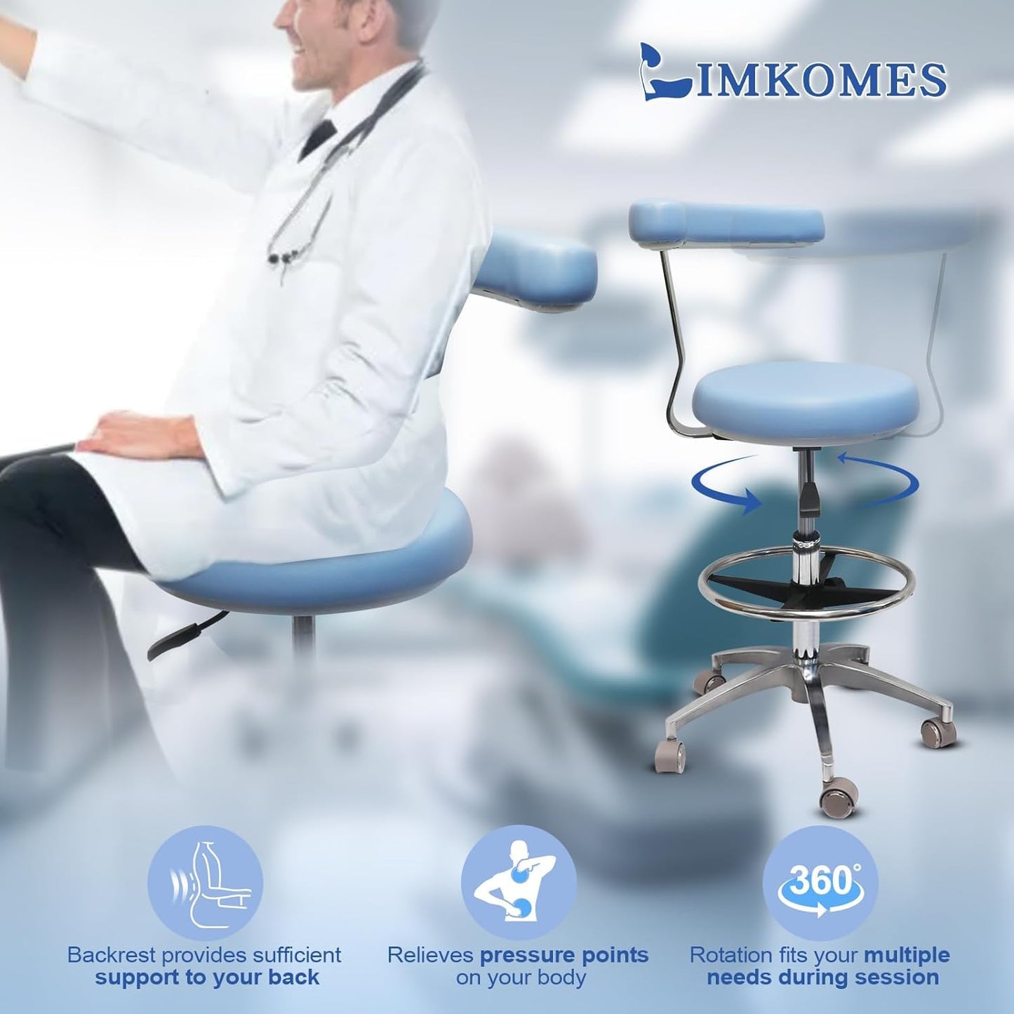 LIMKOMES Rolling Stool with Removable Footrest Lab Salon Chair Height Adjustable 360° Swivel Stool for Dentist with Unique Backrest Design