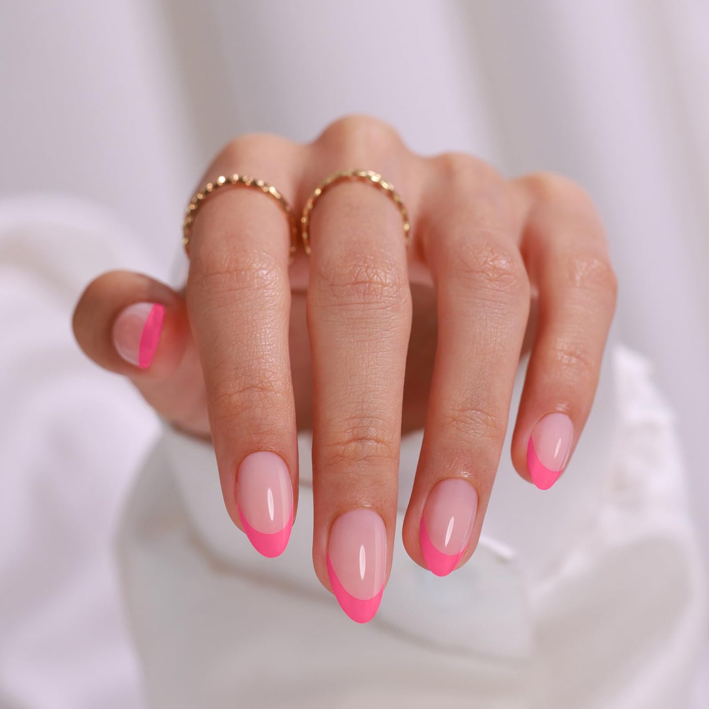 Pink French Tip Press on Nails Almond - SHANGMENG Soft Gel Valentines Press on Nails Short for Women Gift, Naturally Fit Glue on Nails in 16 Sizes - 32 Reusable Fake Nails Kit with Glue, Dolce Pink