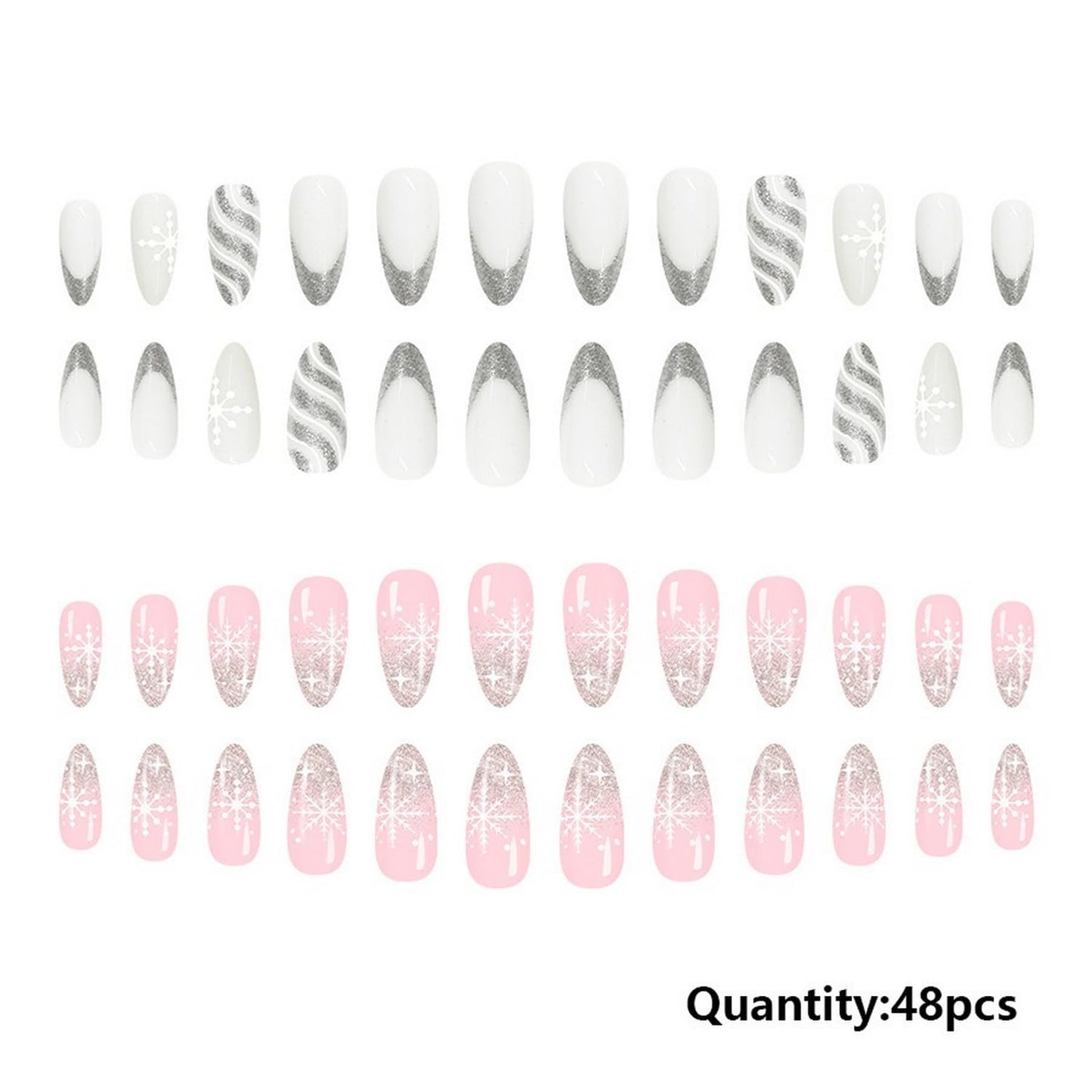 Christmas Press on Nails Kit 48 Pcs Medium Almond Ombre Fake Nails 2 Style French Tip False Nails with Snowflake Glitter Designs Elegant Glossy Glue on Nail Winter Acrylic Nails for Women Girls