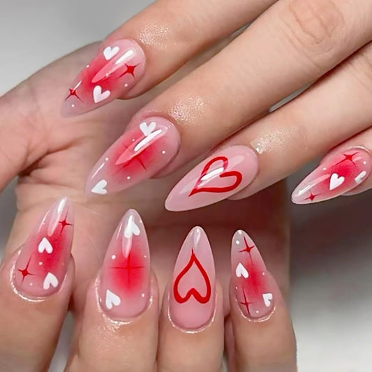 Pink Valentines Press on Nails Medium Almond Translucent Red Love Artificial Acrylic Fake Nails White Love Coffin Nails Full Cover Glossy Heart Glue on Nail Artificial Fingernails for Women Manicure