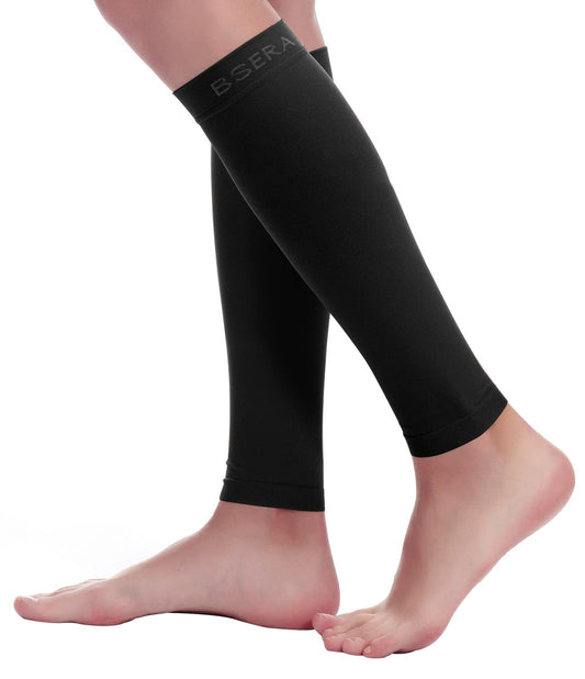 BSERA Calf Compression Sleeve Women, 2 Pairs 15-20mmHg Calf Support Footless Compression Socks Stockings for Shin Splints, Varicose Veins, Recovery (Black, Large)