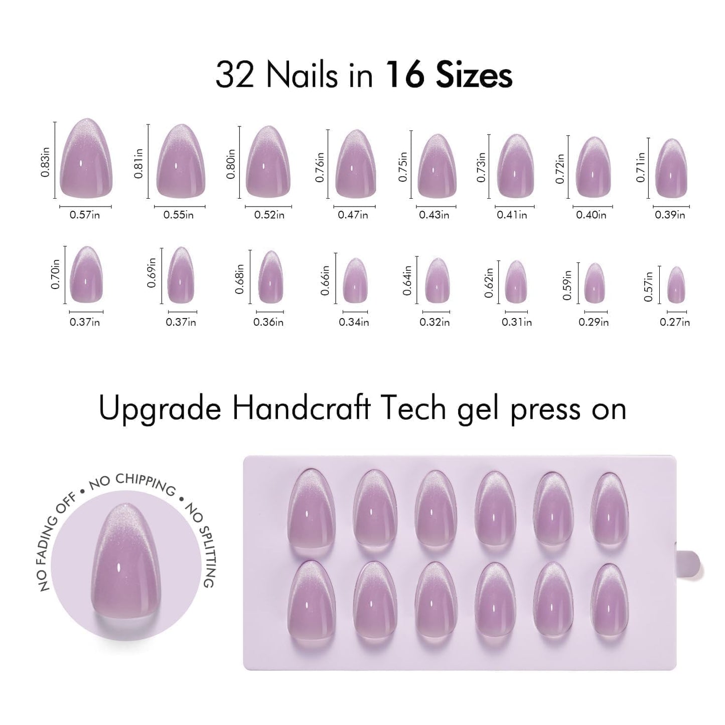VSALON Almond Short Press On Nails, Pastel Light Purple Summer Ombre Sheer Cat Eye French Tip Light Curable Fake Nails, Reusable Stick On False Nails - 32 Pcs Nails Kit in 16 Sizes with Glues