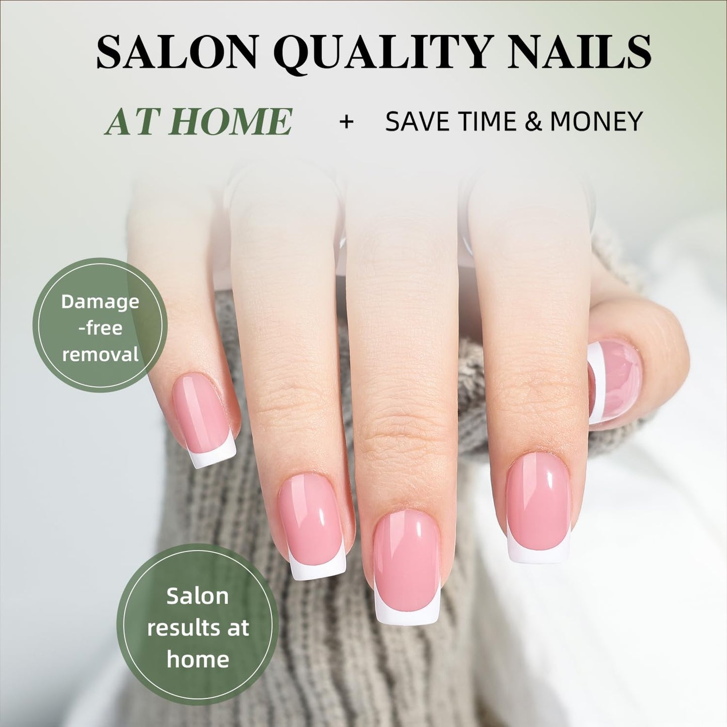 White French Tip Press On Nails - Pink Short Square Fake Nails, Square White Press On Nails Reusable Stick On Nails in 16 Sizes, 32pcs False Nail Kit for Women & Girls (Pink White French)