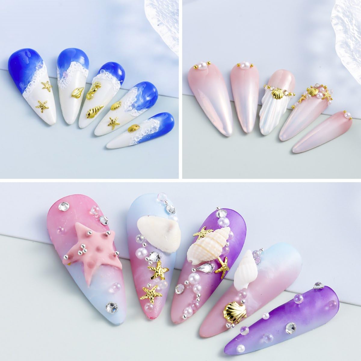 Summer Nail Charms 3D Steel Studs Metal Art Charms Pearls Seashell Starfish Gold Nail Rhinestones Ocean Theme Designs Conch Alloy Nail Rivets Caviar Beads Nail Supplies for Women Manicure 12 Grids