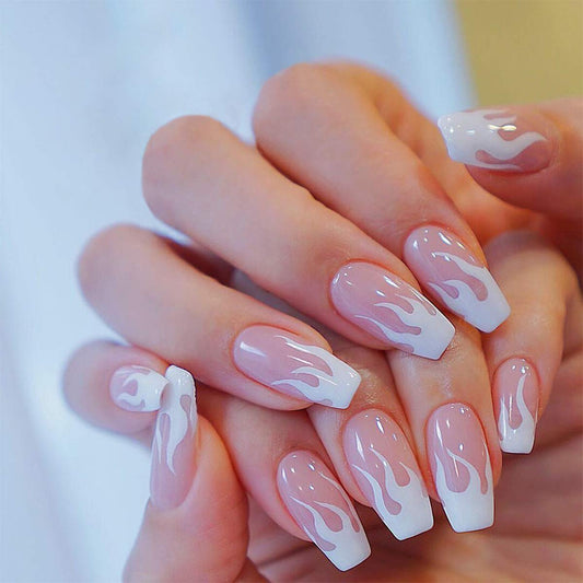 MISUD Press on Nails - Medium Coffin Fake Nails, Acrylic Pink White Flame Design 24 pcs