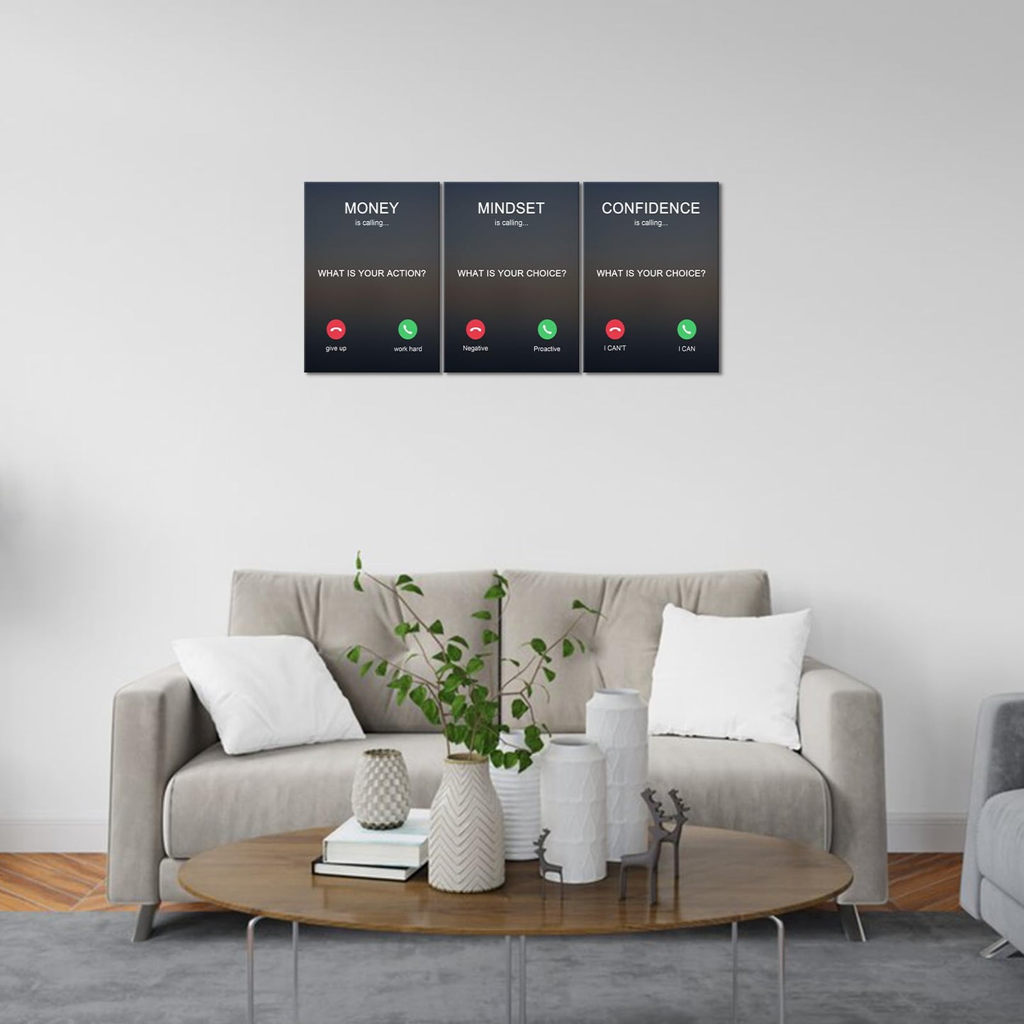 KAWAHONE 3PCS Motivational Canvas Wall Art, Positive Affirmation Poster -Money is calling Mindset Confidence -Inspirational Quotes Posters for Home Office Workplace Ready to Hang
