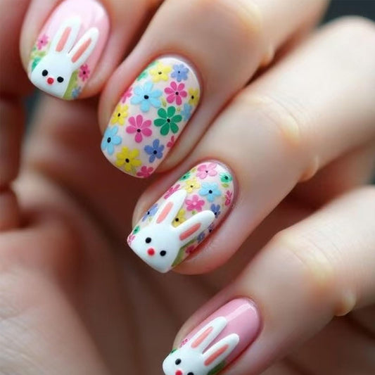 Colorful Flower Press on Nails Easter Short Square Fake Nails with Cute Bunny Designs Glossy Acrylic Nail Press ons Spring Floral False Nails Full Cover Glue on Nails for Women 24Pcs