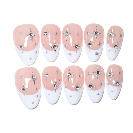 10 Pcs Short Almond Handmade Press On Nails | French Tip with Silver Starburst & Rhinestone Accents | Reusable, Easy to Apply & Remove, Salon-Quality Manicure (RR10, S)