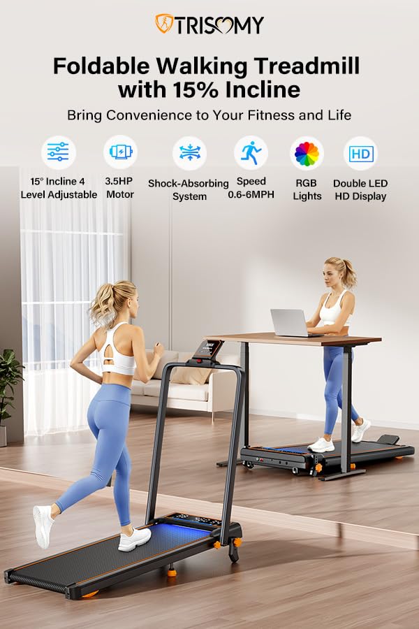 Walking Pad Treadmill with 15% Incline & Dual LED Display, 4 in 1 Walking Pad with Handle Bar, 3.5HP Foldable Treadmill with Incline, Treadmills for Home 350LBS, 4 Adjustable Incline, RGB Light
