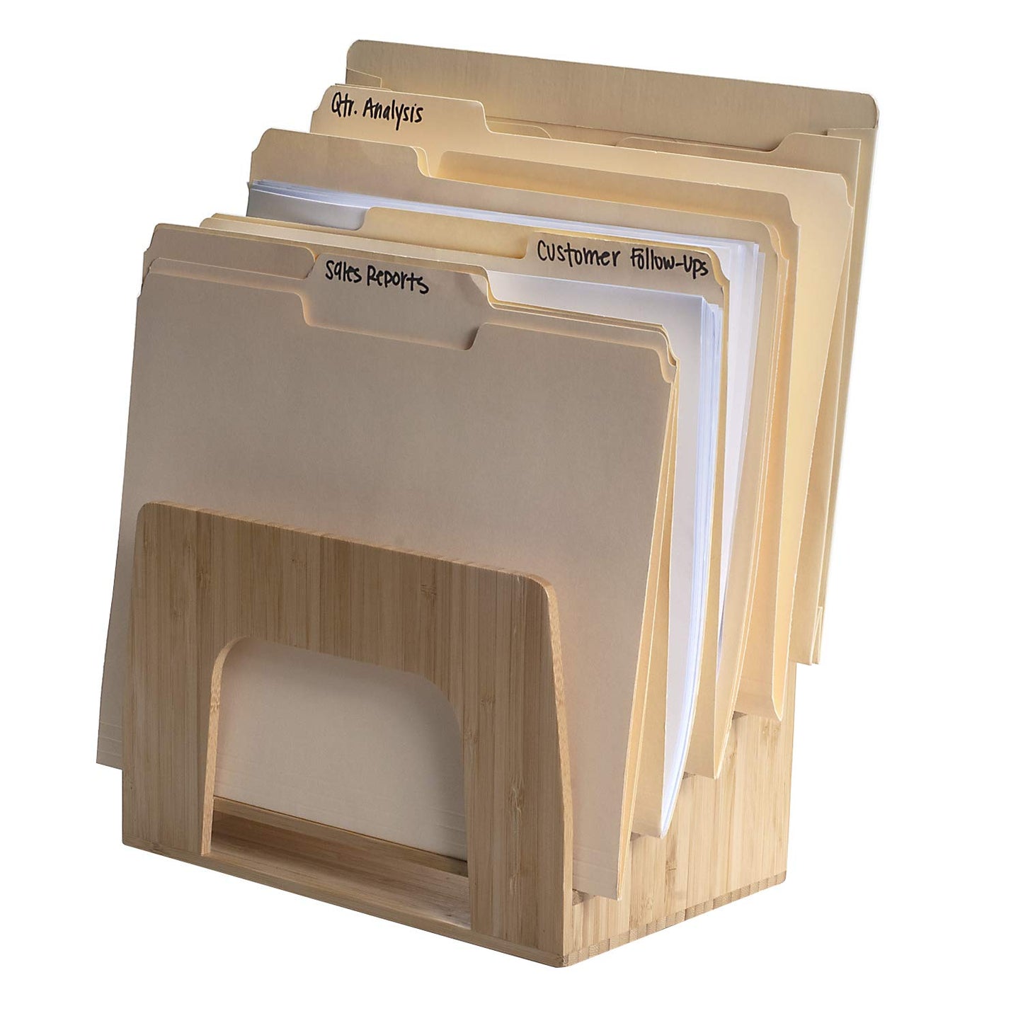 MobileVision Bamboo Desktop Inclined File Folder Organizer and Paper Tray, Upright Sections, Step Sorter, 5 Slots