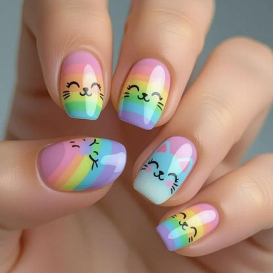 Short Press on Nails Cute Cat Fake Nails with Rainbow Stripes Design Square Shape Acrylic Nails Spring Summer Glue on Nails Glossy False Nails Holiday Full Cover Stick on Nails for Women Manicure