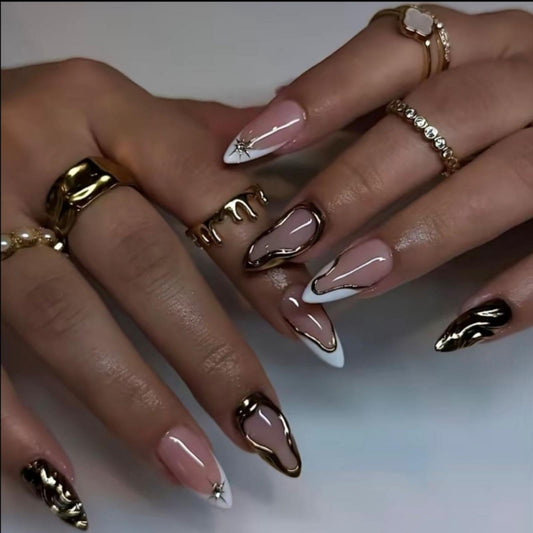 Medium Almond Press on Nails French Tips Nails Press on with 5D Star Charm Design Glossy Gold Lines Glue on Nails Metallic Golden Fake Nail Full Cover Pink False Nail for Women Manicure 24Pcs