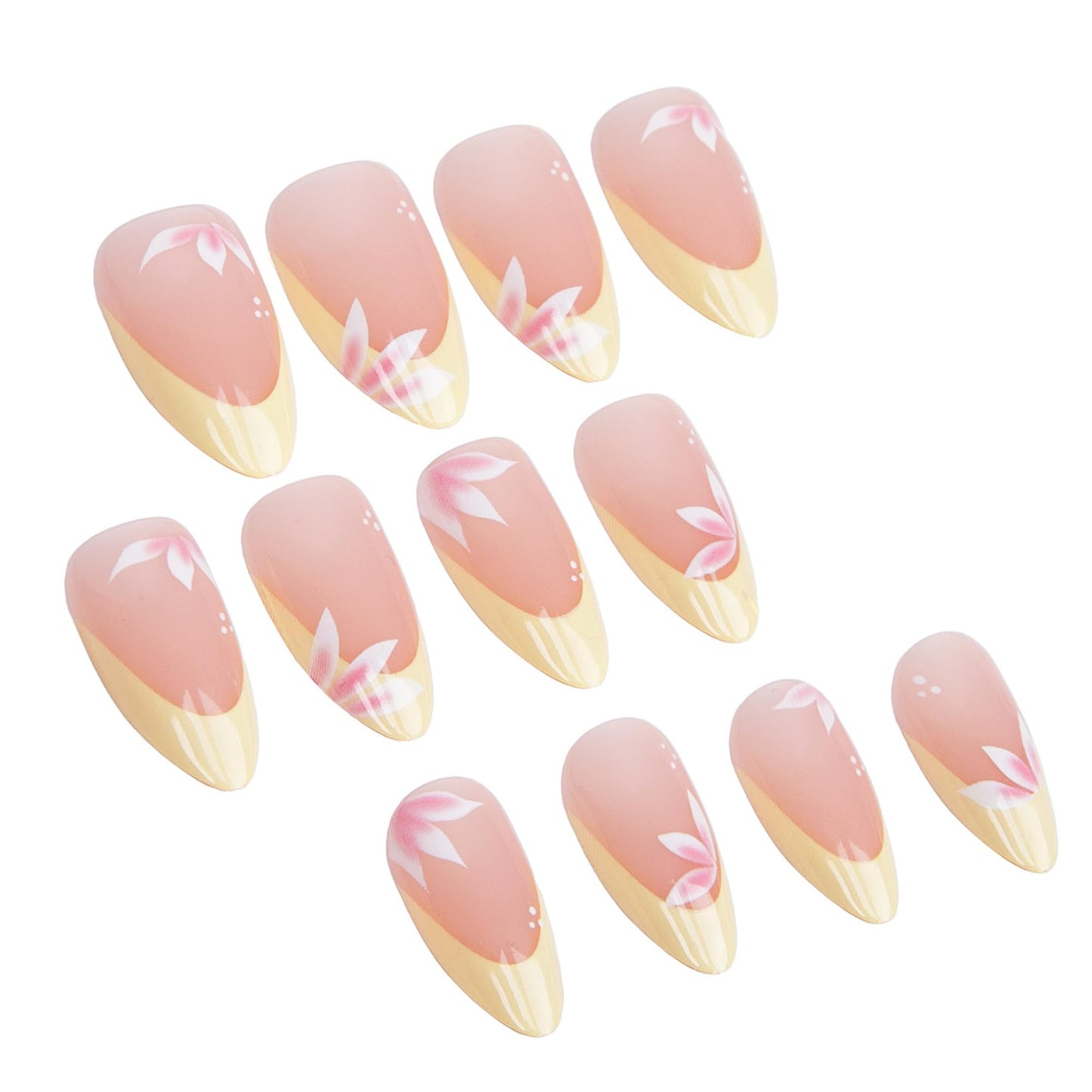 24Pcs Pastel Yellow French Tip Press On Nails Medium Almond Fake Nails with Pink Tulip Flower & White Dot, Nude Pink Base Glossy False Nails, Spring Floral Acrylic Nail Full Cover Press ons for Women