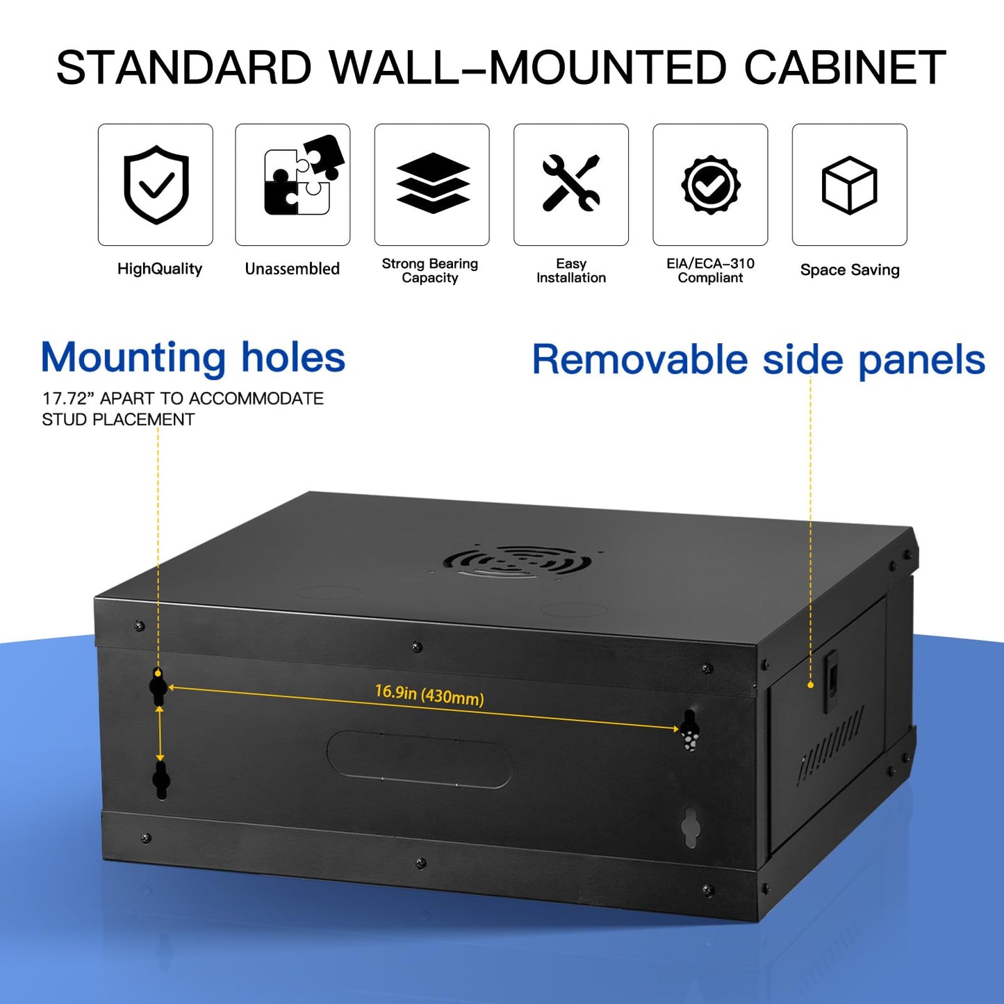 Server Rack Enclosure with Glass Door Black, Locks, & Removable Side Panels - Wall Mount IT Network Cabinet 19 Inch Rack 17.7 Inches Deep, 4U
