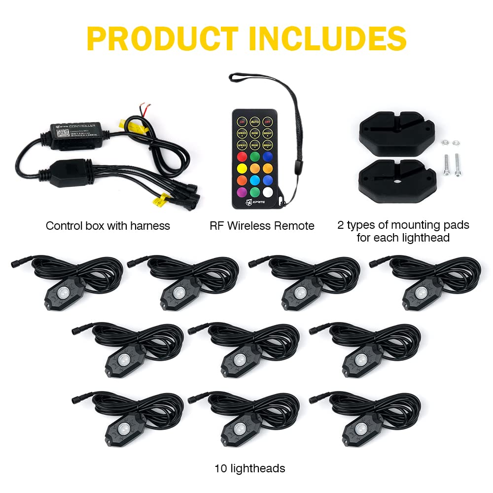 Xprite RGBW LED Rock Lights Kit with Bluetooth & Wireless Remote Controller, Multicolor Cars Underglow, Wheel, Footwell Neon Light Kits, for Off-Road UTV ATV Trucks SUV Motorcycle Boats - 10 Pods