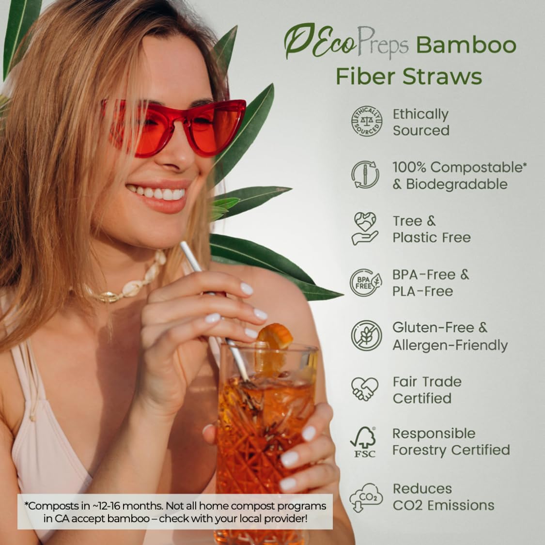 EcoPreps Biodegradable Bamboo Fiber Straws, Plastic-Free Individually Wrapped Straws | 100 Count, 100% Compostable, Eco-Friendly Drinking Straw | 7.8'' Plant Fiber Disposable Straw in White Paper Wrap