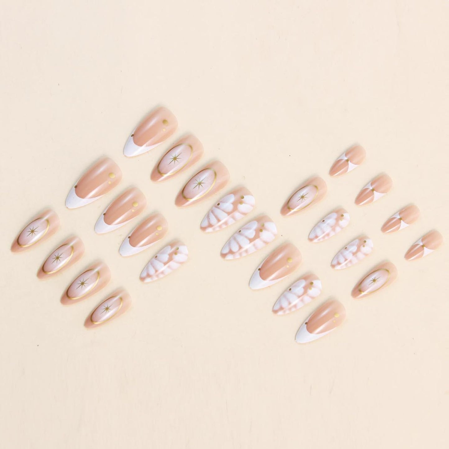 French Almond Press On Nails Medium Length, Nude Fake Nails with Starburst & Gold Line Design, Glossy Gel Finish Acrylic Nails, Reusable Glue On Nails for Women, 24Pcs