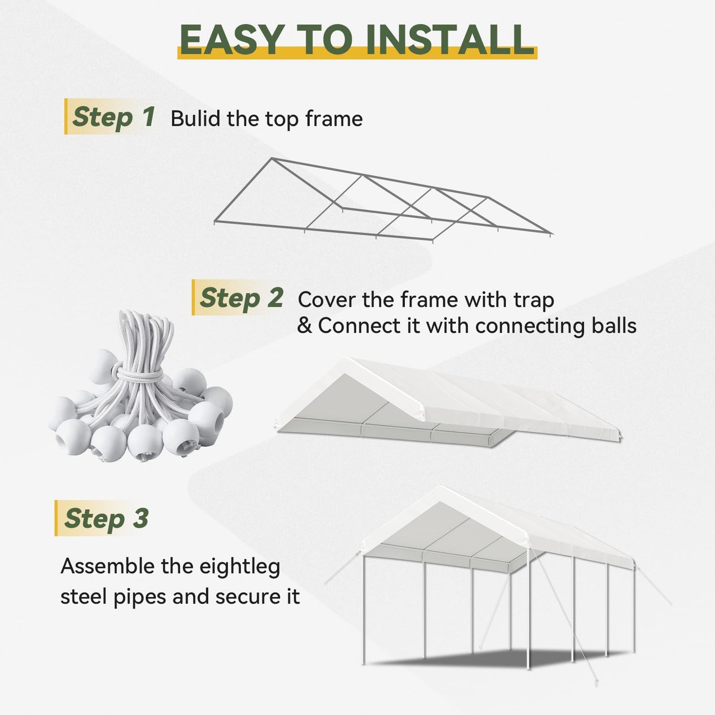 Aoxun 10x20 FT Carport Heavy Duty Car Canopy with Tarp & Wind Resistance Portable Garage Car Tent Outdoor Car Port with Tear Resistant Canopy, No Sidewall - Milky White