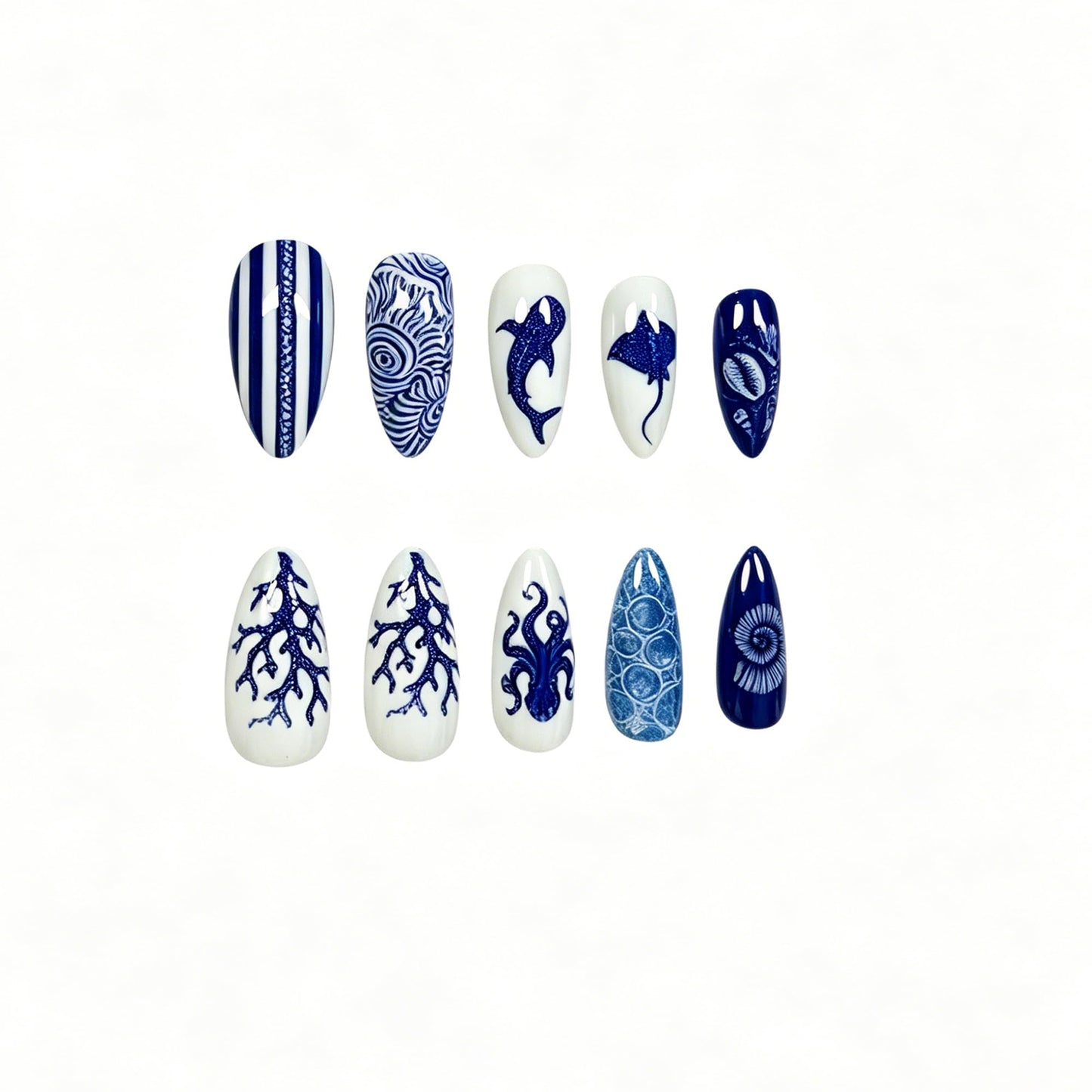 24Pcs Medium Almond Press On Nails, Blue Ocean Theme False Nails with Coral, Octopus, Starfish, Whale, Manta Ray & Shell Designs, Glossy White & Deep Blue Beach Full Cover Acrylic Nail Set for Women