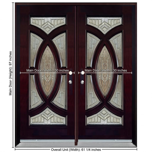 BGW Doors - Exterior Wood Door with Decorative Glass Pre-Hung Pre-Finished Entry Double Door M705- Lefthand Swing 61 1/4" X 97" X 5 1/4"