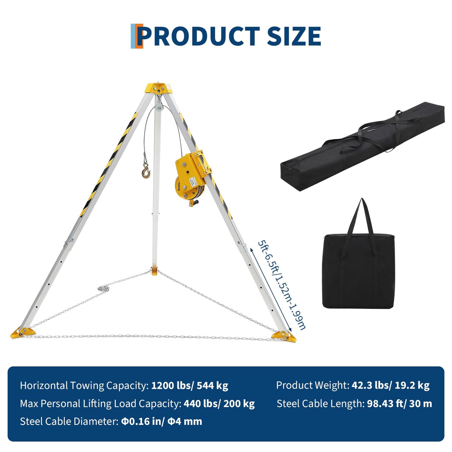 Confined Space Aid Tripod Kit – 1200 Lb Winch, 8' Adjustable Steel Legs, 98' Anti-Rotation Cable, 33' Fall Protection, Fall Arrester, Storage Bag – Industrial Equipment for Manhole & Tunnel Ope