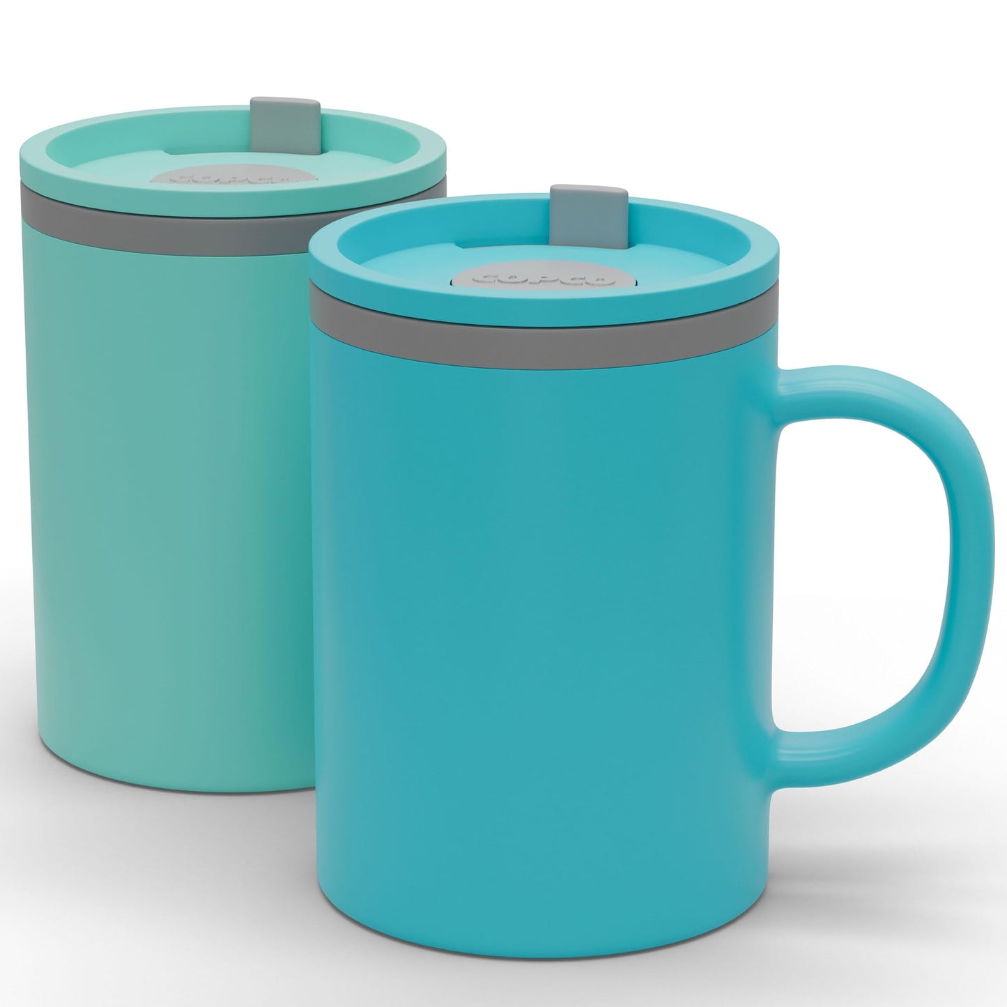 Copco Iconic 16oz Double Wall Insulated Desk Mug with Lid and Handle, Set of 2, BPA-Free Reusable Plastic, Spill-Proof, Microwave & Dishwasher Safe, Wide Mouth, Cup Holder Friendly (Aqua/Mint)