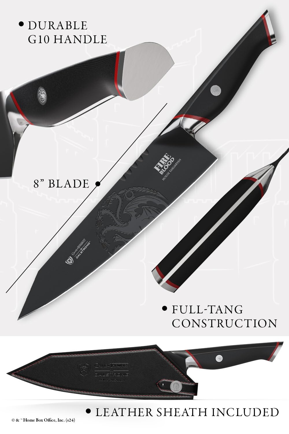 Dalstrong 8 Inch Chef Knife - Game of Thrones House Targaryen Edition - German Premium Steel - Professional G10 Handle - with Sheath