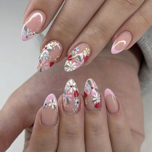 Flowers Press on Nails Medium Almond Fake Nails with Multicolor Floral Strawberry Designs Pink French Tip False Nail Glossy Full Cover Spring Summer Stick on Nail for Women 24Pcs