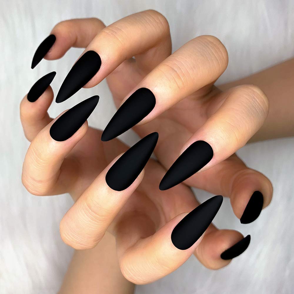 Morily Press-On Nails Bundle | Black Stiletto Matte & Black Stiletto Flame | 24Pcs Each Set, Medium Length Long False Fake Nails