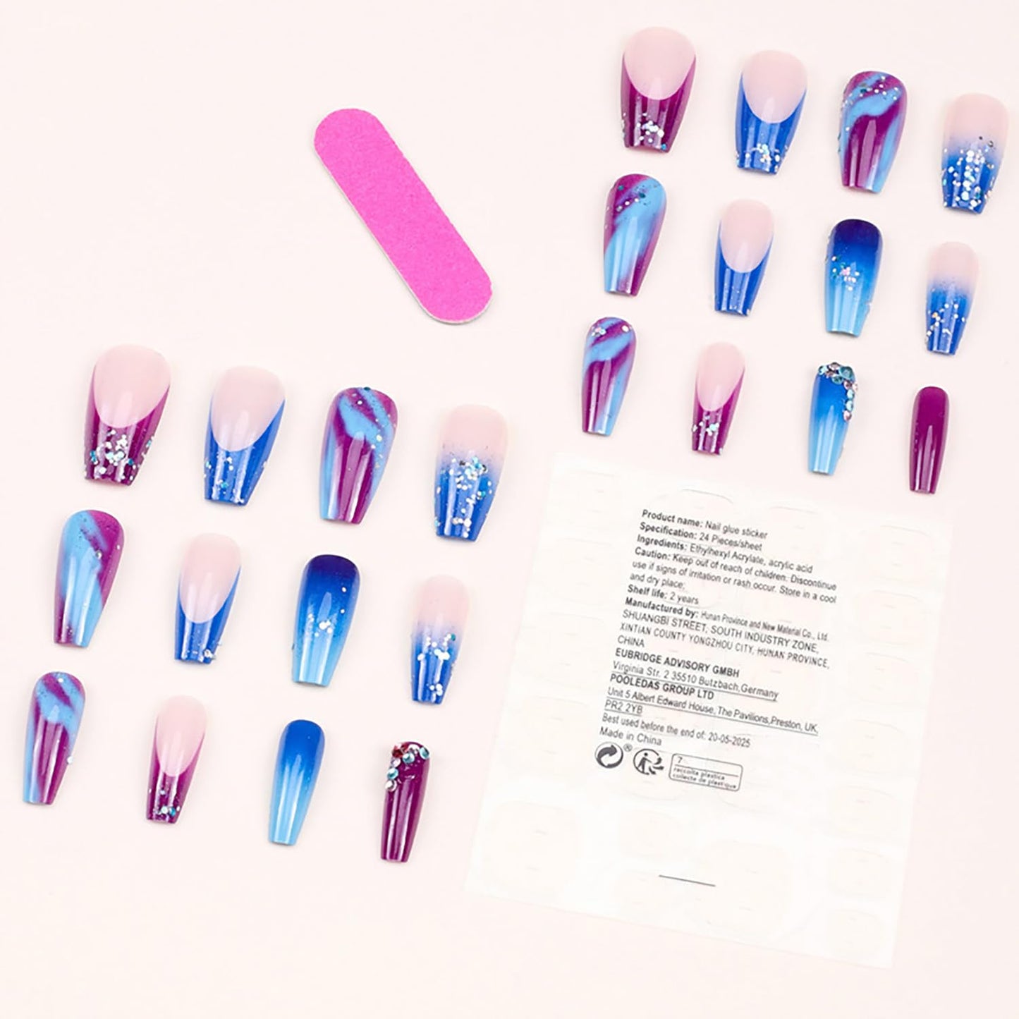Vezocim Press on Nails Square Purple Gradient Glossy Full Cover Medium Acrylic Square False Nails with Rhinestone Designs Artificial Coffin Fake Nails Glue on Fingernails with Charm for Women