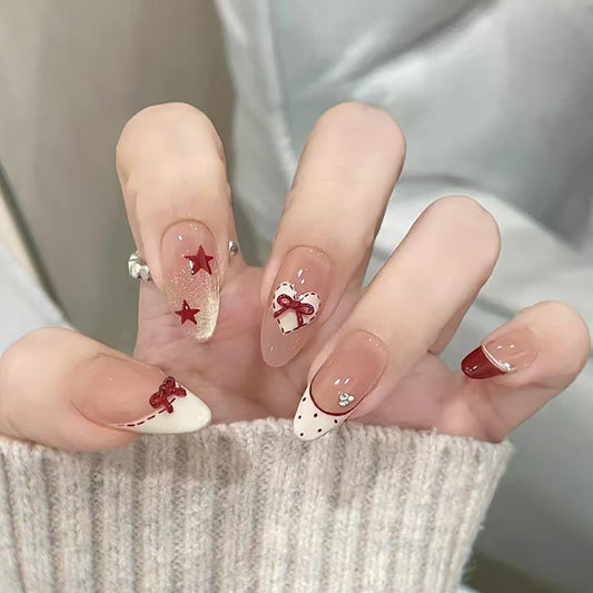French Tip Press on Nails Medium Almond Fake Nails with Glue Nude Glitter Glossy Acrylic Nails Design Star Heart Bow Rhinestones Design False Nails for Women Manicure Decoration 30PCS