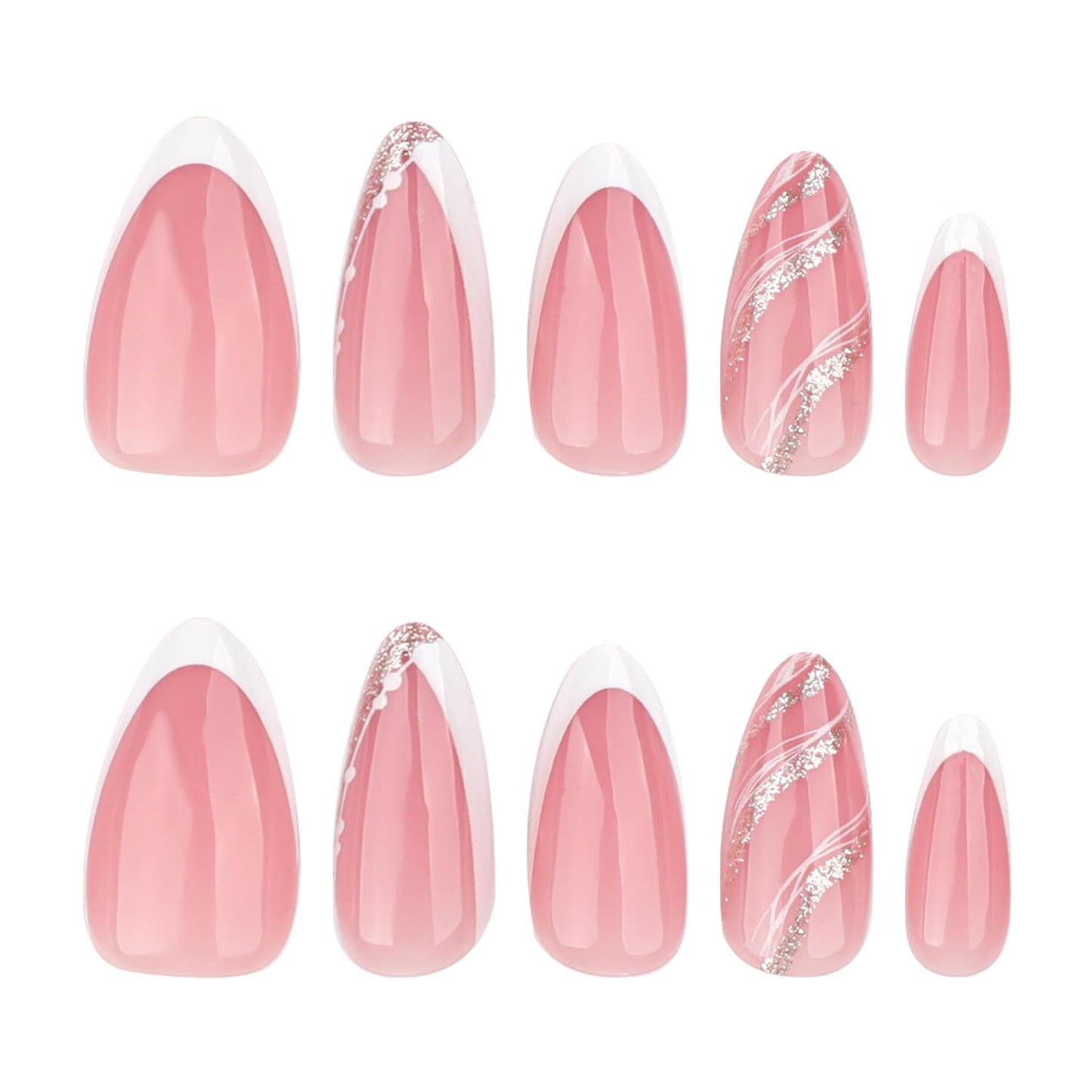 Taoyisent French Tip Press On Nails with Glitter Accent, Peach Pink Almond Fake Nails, Elegant Nude White False Nails, Press On Nail Kit for Women, 24PCS
