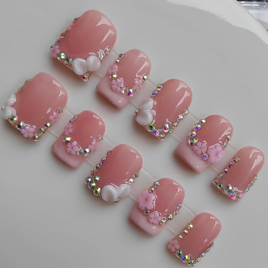 Gleamrain Handmade Short Press on Nails Square Press-on Nails Nude Base with Flower and Rhinestones Design French Tip Nails Press Ons 10pcs M Size Pattern 1102