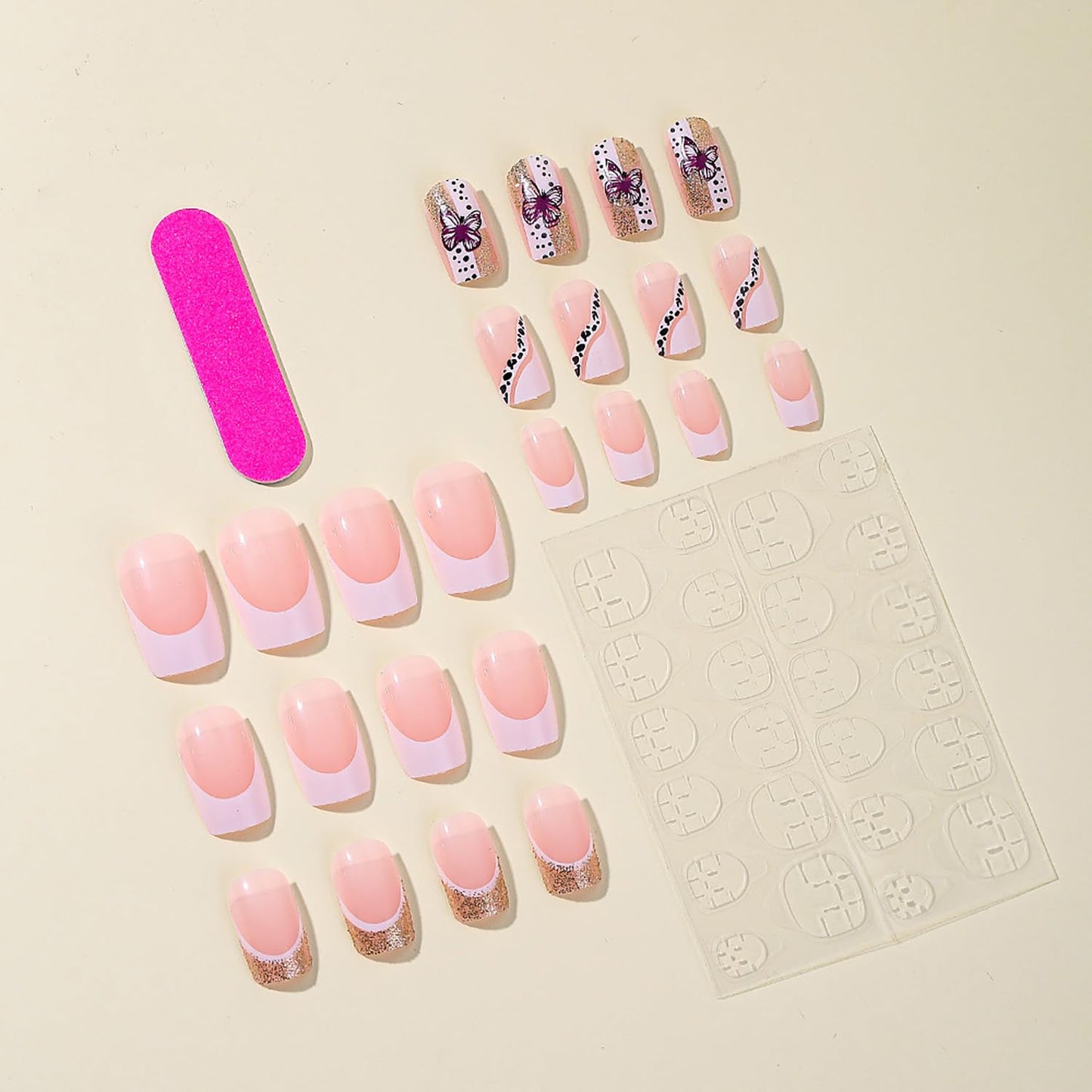 Vezocim French Tips Press on Nails Square Shapes 24Pcs Glossy Full Cover Medium Acrylic Glitter Square False Nails with Butterfly Designs Artificial Coffin Fake Nails Glue ons Fingernails for Women
