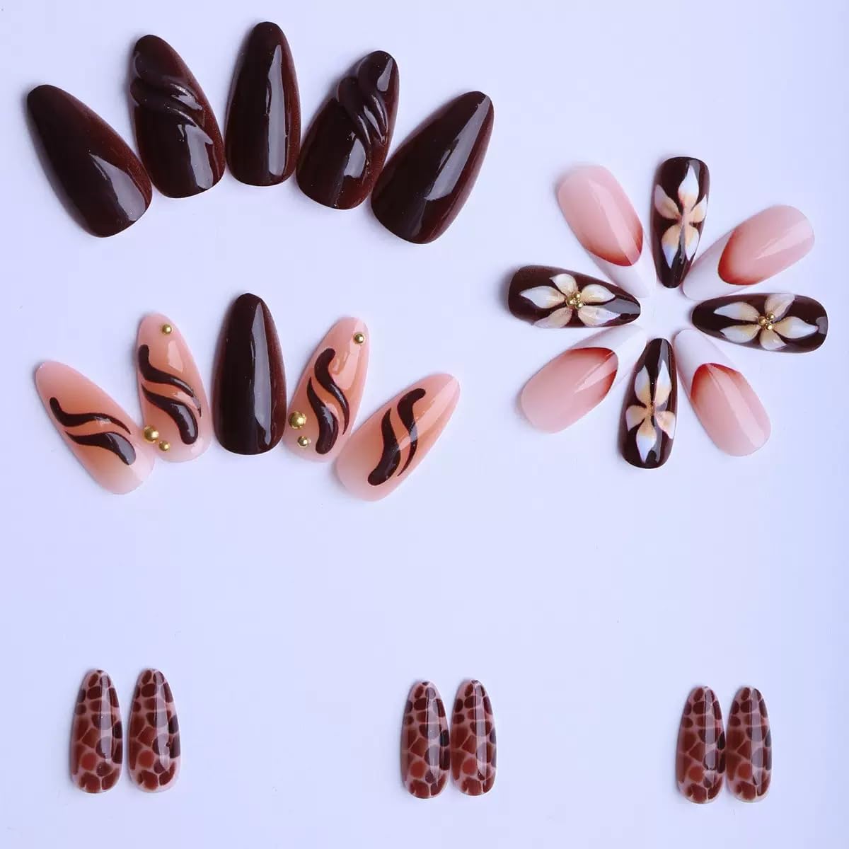 Almond Press on Nails Medium - Brown Fake Nails with Flower Design - Winter, Ombre Fasle Nails Press ons - for Women 24 Pcs