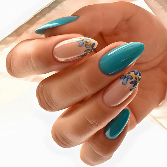 IMSOHOT Press on Nails Medium Almond Fake Nails with Blue Flower Design Glossy Gel False Nails Full Cover Artificial Acrylic Glue Stick on Nails for Women Manicure Kit 24Pcs