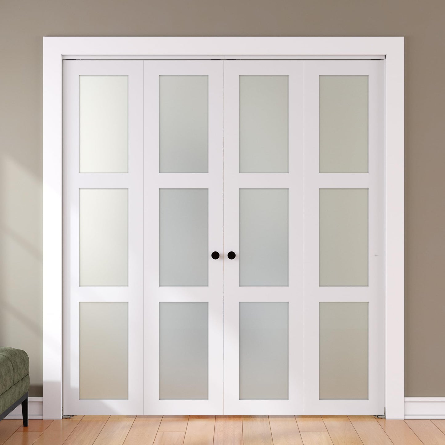 SMARTSTANDARD Bifold Door, for 72"x 80" Opening,Tempered Frosted Glass Closet Folding Barn Door with Hardware Kit, Water-Proof PVC Surface,Easy Install,White