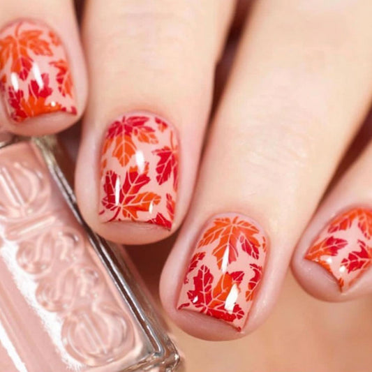 Fall Press on Nail Short Square Fake Nails Red Maple Leave Acrylic Stick on Nails Glossy Full Cover Autumn False Nails Reusable Thanksgiving Press ones Manicure for Women Girls Nail Supplies24pcs