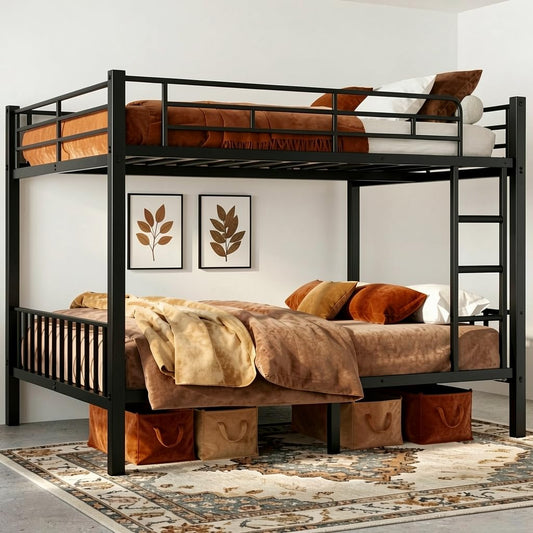 Mixcous Queen Over Queen Bunk Bed, Heavy Duty Metal Queen Bunk Bed Frame with Full-Length Guardrails & EVA Anti-Slip Ladder for Adults, Noise-Free, No Box Spring Needed, Black