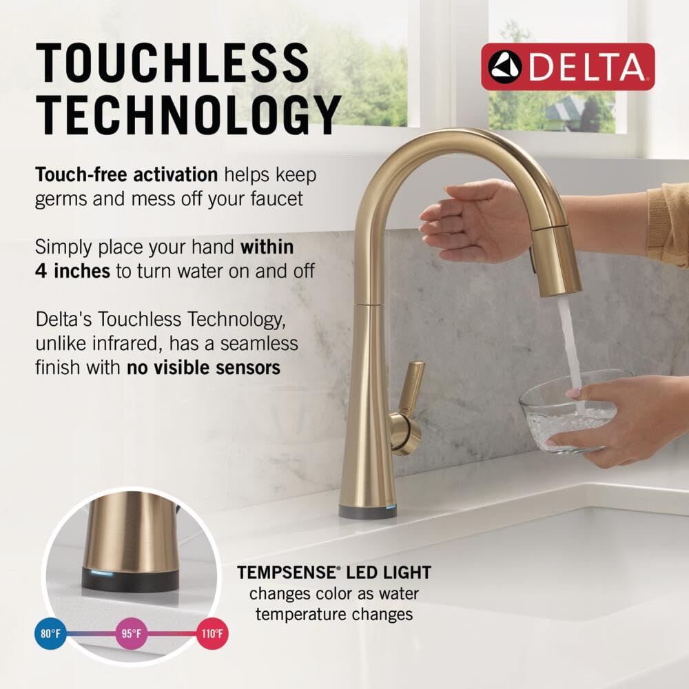 Delta Monrovia Touchless Kitchen Faucet with Touch Technology, Brushed Gold Kitchen Sink Faucet with Pull Down Sprayer, Single Hole, Lumicoat Champagne Bronze 9191TL-CZ-PR-DST