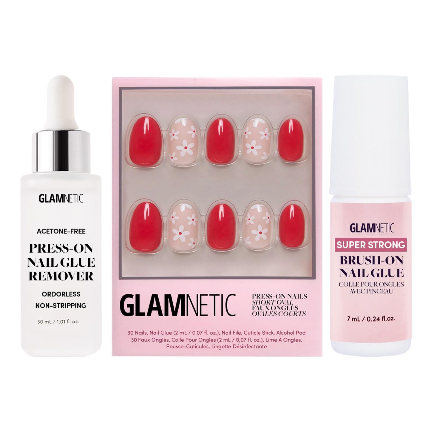 Glamnetic Press-On Nails - Red Blossom | Super Strong Brush On Nail Glue & Press-On Nail Remover | Short Oval Fake Nails with Floral Accents | 15 Sizes - 30 Nail Kit with Glue and Remover