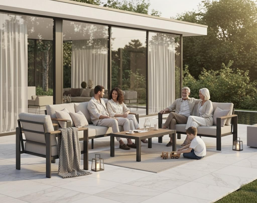 Oasbira Aluminum Outdoor Patio Furniture Set with Coffee Table, 5 Piece Patio Conversation Sets, Outdoor Sectional Furniture for Porch, Balcony, Yard, Gray
