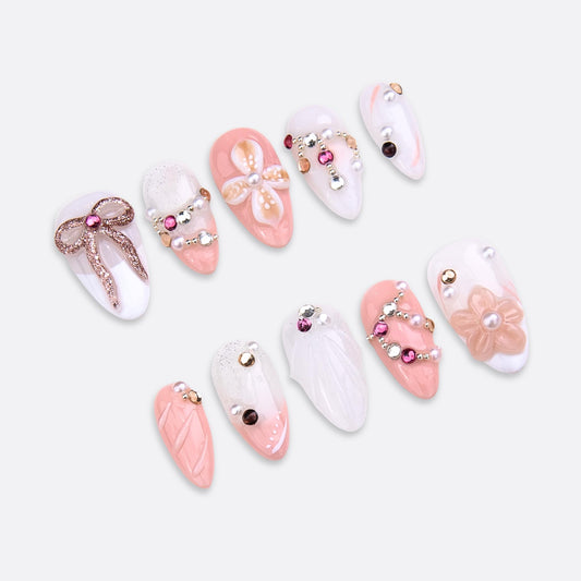SIYOU Beauty | Luxy Bay | Pink and White Luxury Short Almond Press On Nails for Women (Medium) - Reusable, Salon-Quality Fake Nails (10pc)
