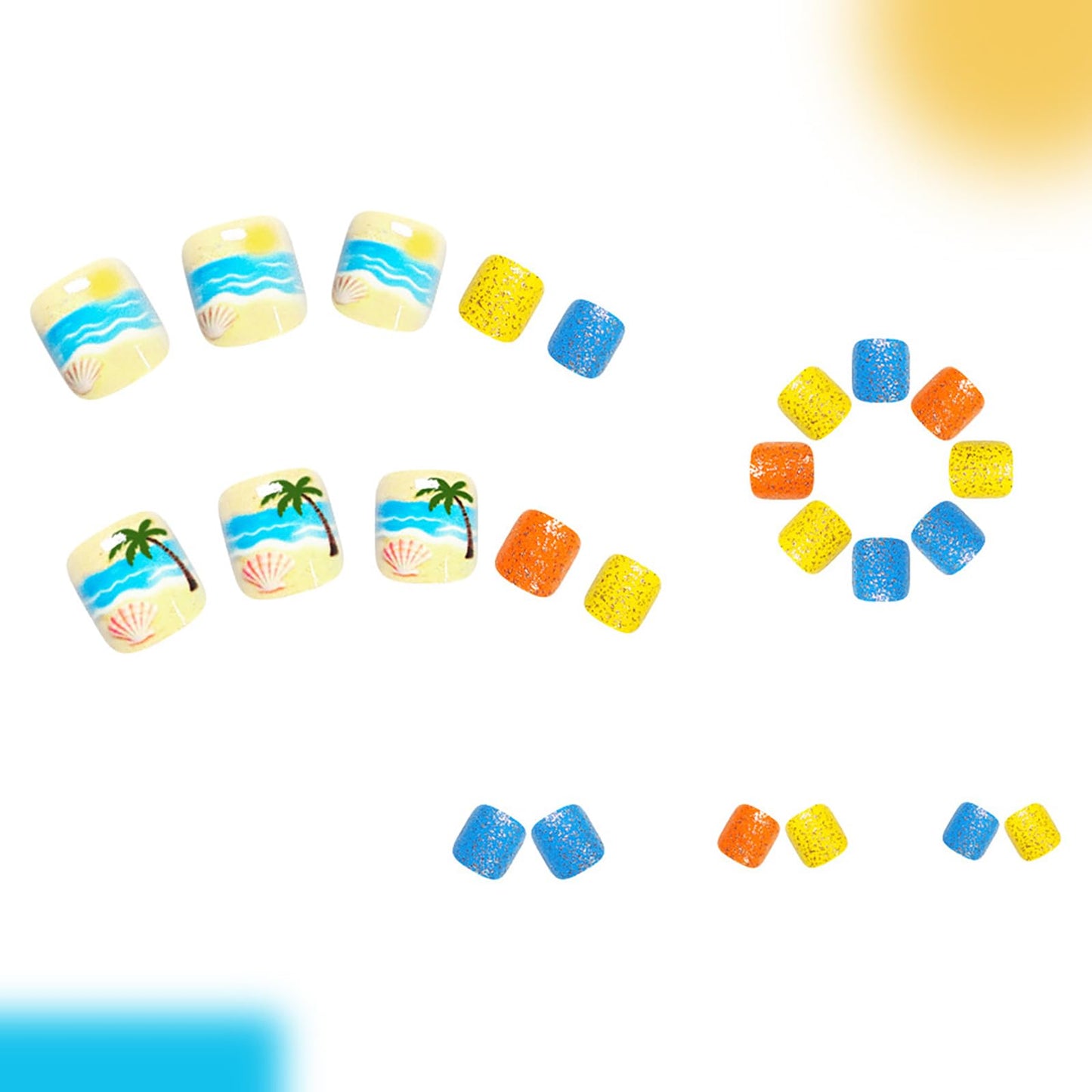 Summer Beach Press on Toenails,Short Square Fake Toenails with Coconut Trees Shells Designs Colorful Glitter Toe Nail Press Ons Full Cover Acrylic Glossy Stick on Toe Nails for Women 24Pcs
