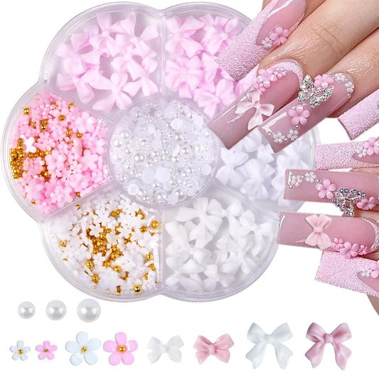 Nail Charms, Flower Bow Manicure Kit, Pink White 3D Cute Flower and Bow Nail Charms, 3D Acrylic Flowers Nail Gems with White Half Pearls Nail Art Decoration